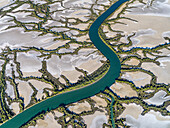 Aerial view of abstract river delta and wetlands in Accident Inlet, Gulf of Carpentaria, Karumba, Australia.