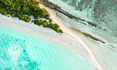 Aerial view of the top of Vashafaru Island, Maldives, Haa Alif Atoll with a sandbank and reef.