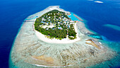 Aerial view of local island Omadhoo, located in Alif Dhaal Atoll, Maldives, Indian Ocean with reef, harbour, local beach and sandbank