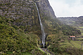 Aerial view of cascata do poco do bacalhau waterfall surrounded by lush greenery and mist, Faja Grande, Portugal.
