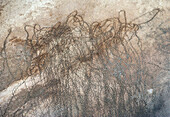 Aerial view of intricate abstract patterns and textures in earthy tones, Koktebel, Russia.