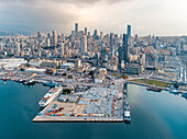 Aerial view of Port of Beirut with Beirut skyline in background at sunset, Lebanon