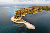 Panoramic aerial view of a resort, located on a peninsula, Flacq, Mauritius.