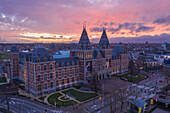 Aerial view of The Rijksmuseum during golden hour in Amsterdam, The Netherlands.