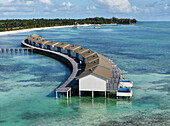 Aerial view of luxury overwater bungalow resort, Ismehela Hera, Addu Atoll, Maldives.