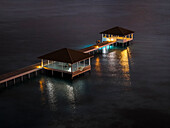 Aerial view of beautiful natural sea perspective with jetty, Ismehela Hera, Addu Atoll, Maldives.