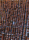 Aerial view of nazare village houses with red roofs and organized streets, nazare, portugal.
