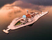 Aerial photo of Our Lady of the Rocks islands near Perast town in Kotor bay, Montenegro