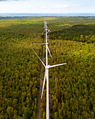Aerial drone view of wind turbines in a tropical forest, Bras d'Eau National Park, Flacq, Mauritius.