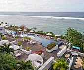 KUTA SELATAN, BALI - 6 JULY 2018: Aerial view of Samabe Bali Suites and Villas resort wooden terrace, Bali.