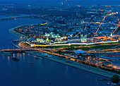 Aerial view of illuminated kazan kremlin and cityscape at night with beautiful lights, kazan, tatarstan republic, russia.
