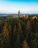 Aerial view of Birstonas observation tower standing on the hill near Neman river in autumn season, Birstonas, Lithuania.