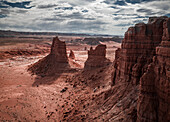 Aerial view of the stretch of uninhabited land outside the Goblin Valley State Park in the southwest in Utah, USA