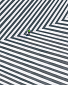 Aerial view of a police officer on a road crossing stripes, Los Angeles, United States.