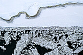 Aerial view of ice floes formations in Neman river in winter time near Kaunas, Lithuania.
