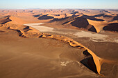 Luftaufnahme von Sanddünen in der Namib-Wüste. Die Kameldornbäume (Acacia erioloba) wachsen entlang des trockenen Flussbettes des Tsauchab-Flusses. Am Abend, Namib-Naukluft-Nationalpark, Namibia.