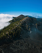 Aerial view of volcanic landscape near Duraznero in La Palma island near Villa de Mazo, Canary islands, Spain.