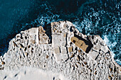 Aerial view of rocky coastline in Valletta, Malta.