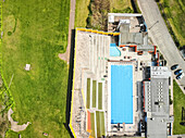 An aerial view of Portishead Open Air Pool, near Bristol, United Kingdom, before it opens for the summer season.