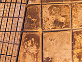 Luftaufnahme der wunderschönen Salinen mit geometrischen Mustern und Erdtönen, Stadt Teguise, Insel Lanzarote, Kanarische Inseln, Spanien