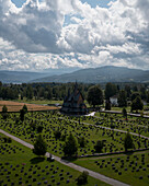 Aerial view of Heddal Wodden Church surrounded by nature, Notodden, Telemark, Norway.