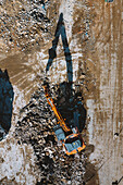 Aerial view of old building demolition work process in construction site in Kaunas city, Lithuania.
