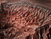 Aerial View of the abstract rock formation, looking like tiny mountains at Goblin Valley State Park in Utah, USA
