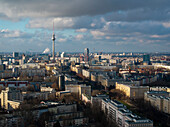 Aerial view of socialistic architecture with TV Tower in the background, Berlin, Germany.