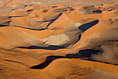 Luftaufnahme von Sanddünen in der Namib-Wüste. Die Kameldornbäume (Acacia erioloba) wachsen entlang des trockenen Flussbettes des Tsauchab-Flusses. Am Abend, Namib-Naukluft-Nationalpark, Namibia.