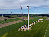 Aerial View of wind turbine during maintenance, Krummensee, Werneuchen, Brandeburg, Germany.