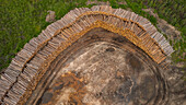 Aerial view of a wood factory amidst deforestation and environmental impact, Haxas, Sweden.