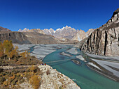 Aerial view of Hunza Valley with Passu Cones and Gojal River, Gilgit-Baltistan, Pakistan.