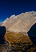 Aerial view of dumsum valley with majestic mountains and autumn trees, Khaplu, Ghanche District, Pakistan.