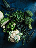 Cabbage still life - cauliflower, white cabbage, broccoli, palm cabbage, Brussels sprouts