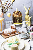 Festive Easter table with Easter lamb, Easter panettone and Easter decoration