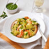 Calamarata with prawns and mint sauce