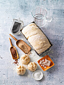 Ingredients for baking bread - yeast, poppy seeds, salt, linseed