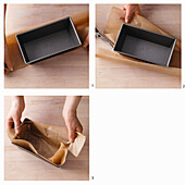 Kastenform mit zugeschnittenem Backpapier auslegen