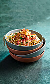 Linguine with brown butter, leek, peas and bacon