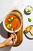 Summer gazpacho with mozzarella and toasted bread