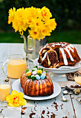 Coffee table with eggnog cake and marble bundt cake
