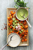 Sweet potatoes from the air fryer with two types of dip