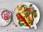 Vegetarian oven vegetables with beetroot quark