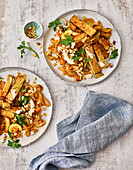 Oriental vegetable pan with tahini and tempeh