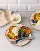 Protein pancakes with blueberries and grainy cream cheese