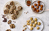 Nut and chocolate cookies, avocado and chocolate truffles, keto energy balls