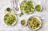 3 x zoodles - with green all-round pesto, mushroom cream with nuts, with avocado