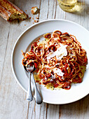Spaghetti with cherry tomato sauce and parmesan