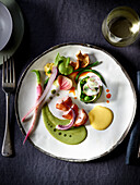 Hummer mit Komposition von Frühlingsgemüse