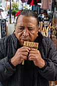 An indigenous Amerindian Quechua man plays the traditional siku or zampoña in the market in Otavalo, Ecuador.